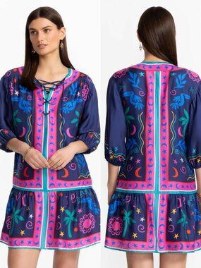 Johnny Was Jade Collection Selena Mini Silk Blend Lace Up Dress Size Small NWT